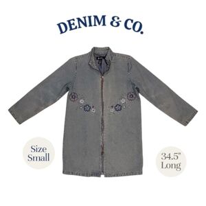 Denim & Co. long blue jean embroidered jacket